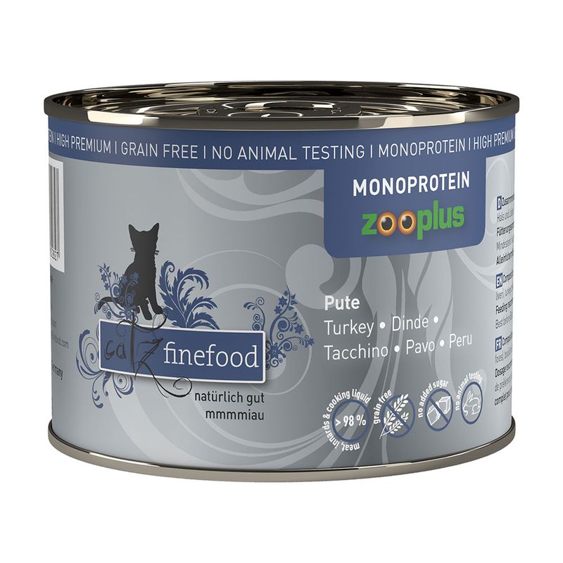 Catz Finefood can with turkey, monoprotein, grain-free, no animal testing, 98% meat and cooking liquid. logo visible.
