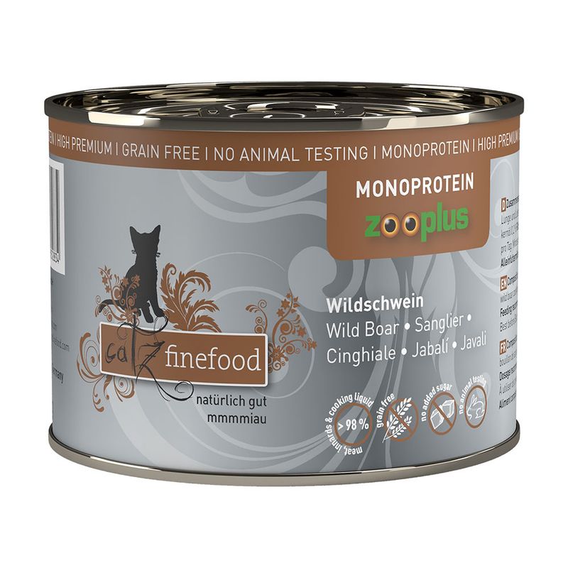 Catz finefood Monoprotein wild boar, grain-free, no animal testing, 98% meat and cooking broth, naturally good. Edition.
