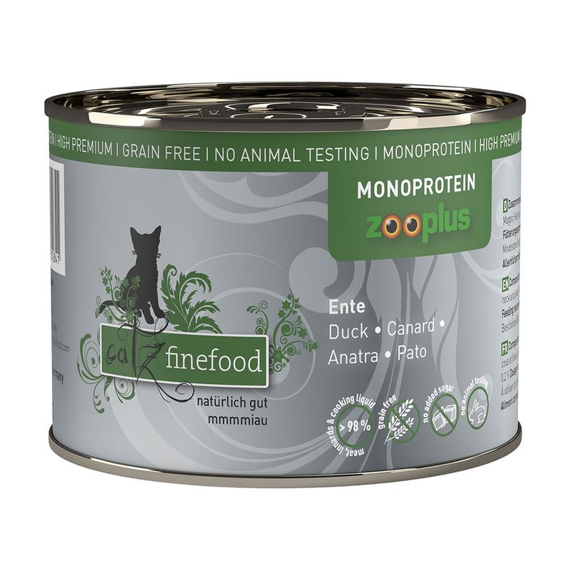 catz finefood wet food for cats, duck variety. Monoprotein, grain-free, no animal testing, 98% meat and cooking liquid.