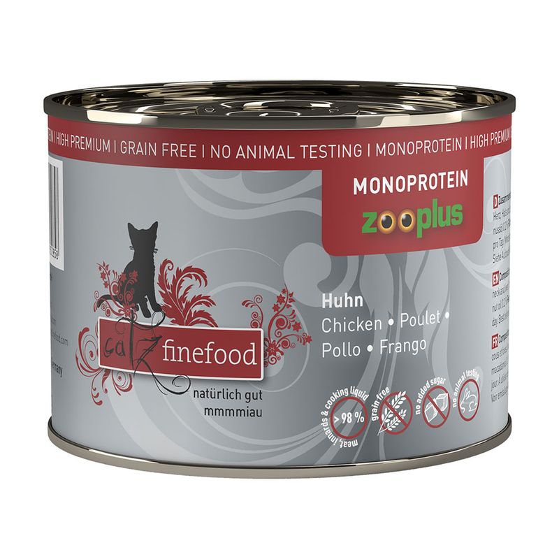 Catz finefood can with chicken, monoprotein, grain-free, no animal testing, 98% meat and cooking broth. logo visible.