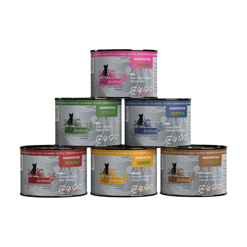 Monoprotein cat food, various varieties: beef, duck, turkey, chicken, kangaroo, wild boar. Grain-free and no animal testing.