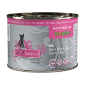 Catz finefood can with beef, monoprotein, grain-free, no animal testing, 98% meat content. logo visible.