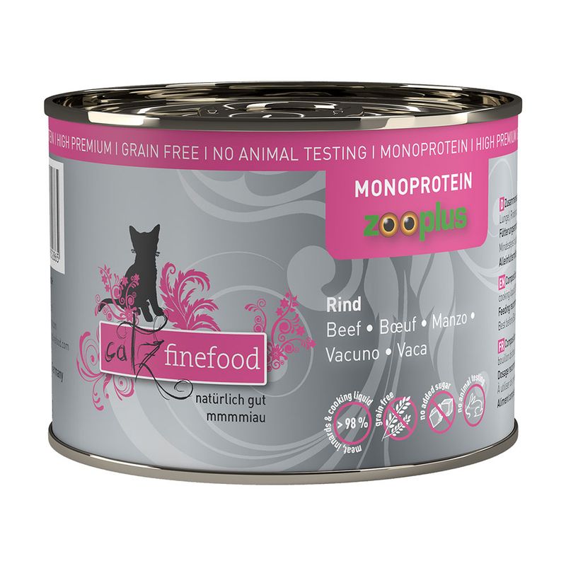 Catz finefood can with beef, monoprotein, grain-free, no animal testing, 98% meat content. logo visible.