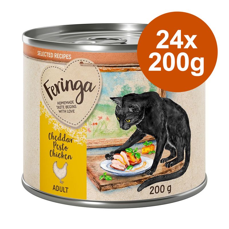 Feringa Adult cat food, Cheddar Pesto Chicken variety, 24x200g. Illustration of a black cat with a plate of chicken and vegetables. Text: Homemade Taste Begins With Love.