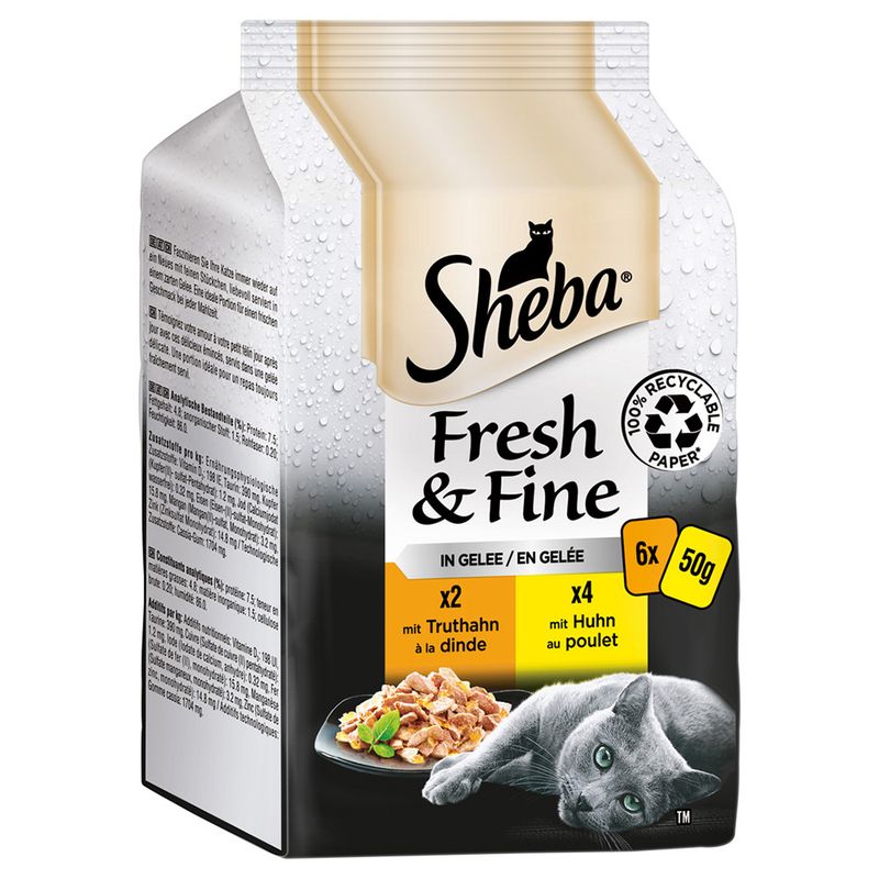 Sheba Fresh & Fine in jelly, 6x50g. Varieties: 2x turkey, 4x chicken. Packaging made from 100% recyclable paper. Shown: grey cat and served food.