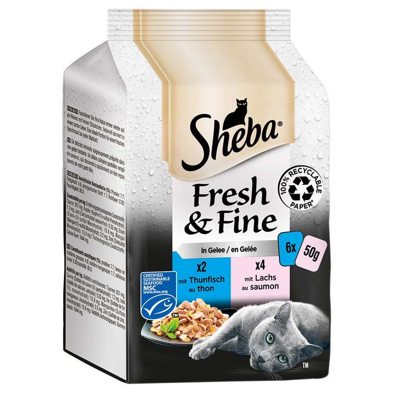 Sheba Fresh & Fine in jelly, 6x50g. Contains 2x tuna and 4x salmon. 100% recyclable paper. MSC certified sustainable fishing.