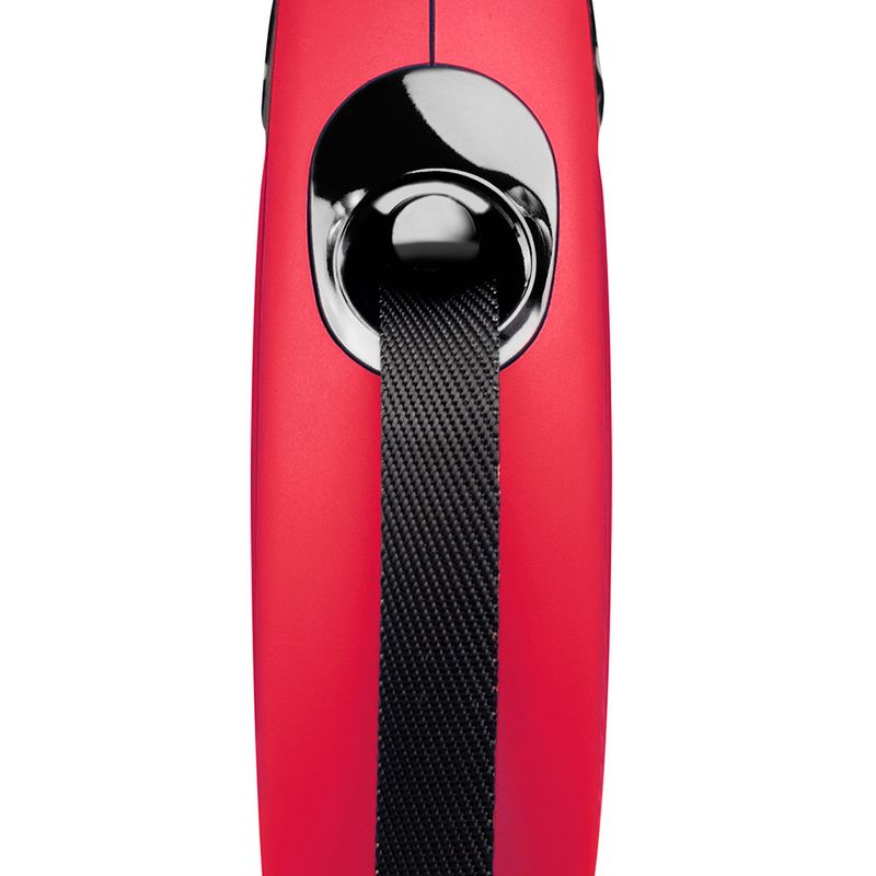 Red dog lead with black strap and shiny metal ring for secure grip.