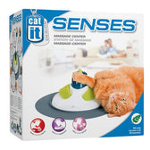 Catit Design Senses Massage Centre with catnip. Product image shows an orange cat using the massage device. Functions: grooming, scratching, sniffing.