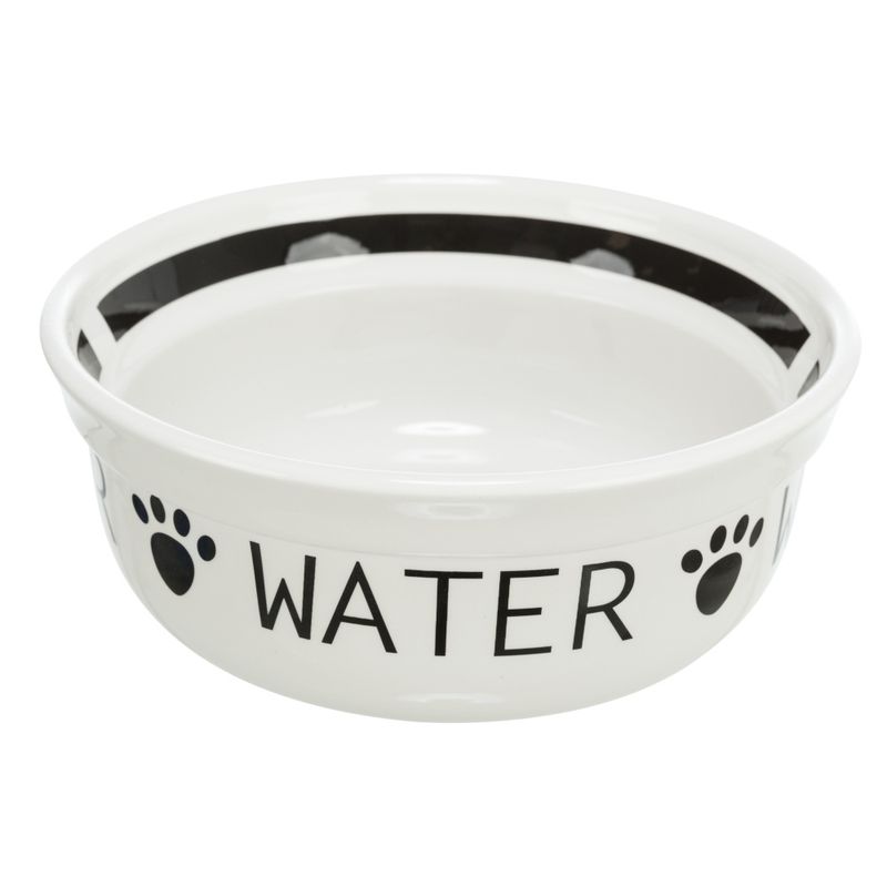 White water bowl with black paw print pattern and the word 'WATER' on the outside.