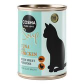 Cosma Pure Love Soup, grain-free recipe with tuna, chicken and sweet potatoes in delicate broth. Silhouette of a cat on the can.