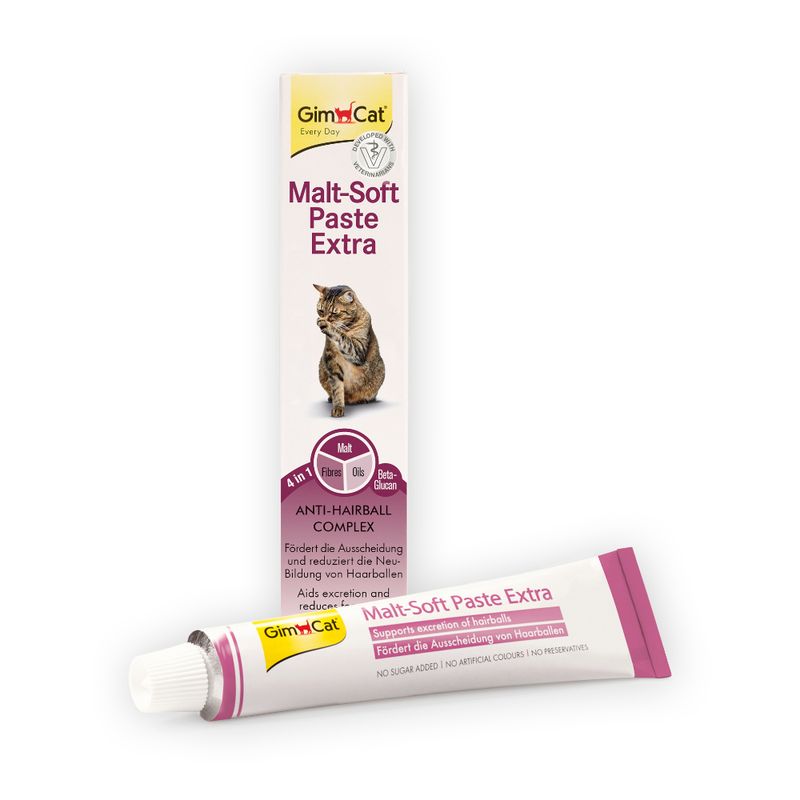 GimCat Malt-Soft Paste Extra, Anti-Hairball Complex, supports elimination and reduces new hairball formation. No added sugar, no artificial colours or preservatives.