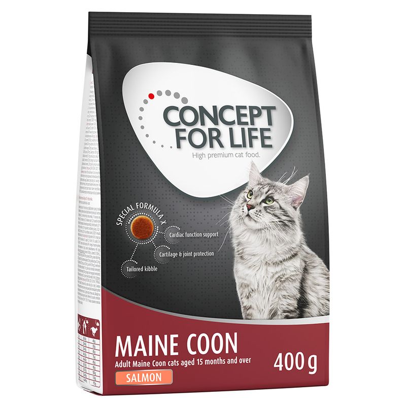 Concept for Life Maine Coon cat food, 400 g, with salmon. Special formula: heart function, joint protection, tailored kibbles. For Maine Coon cats from 15 months.