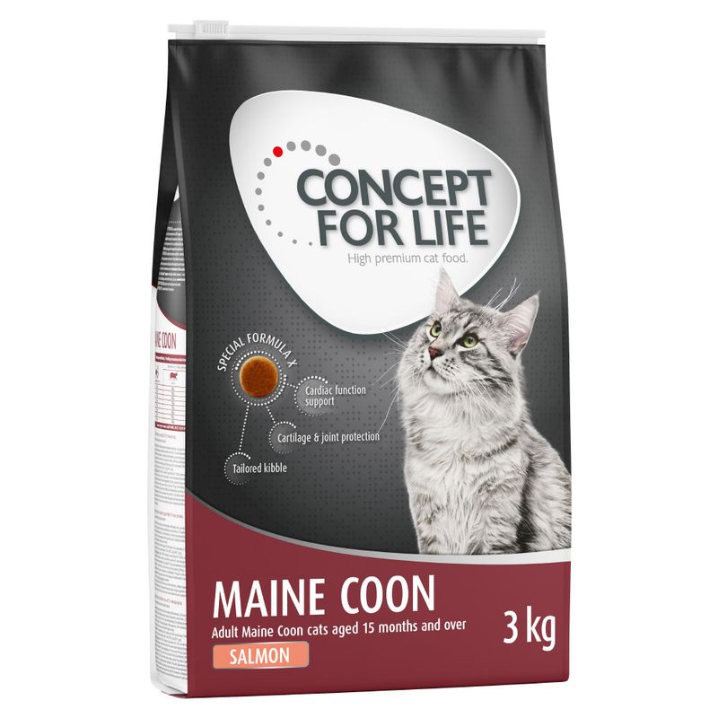Concept for Life Maine Coon cat food, salmon, for adult Maine Coon cats from 15 months, 3 kg. Contains special formula: heart function, joint protection, tailored kibbles.