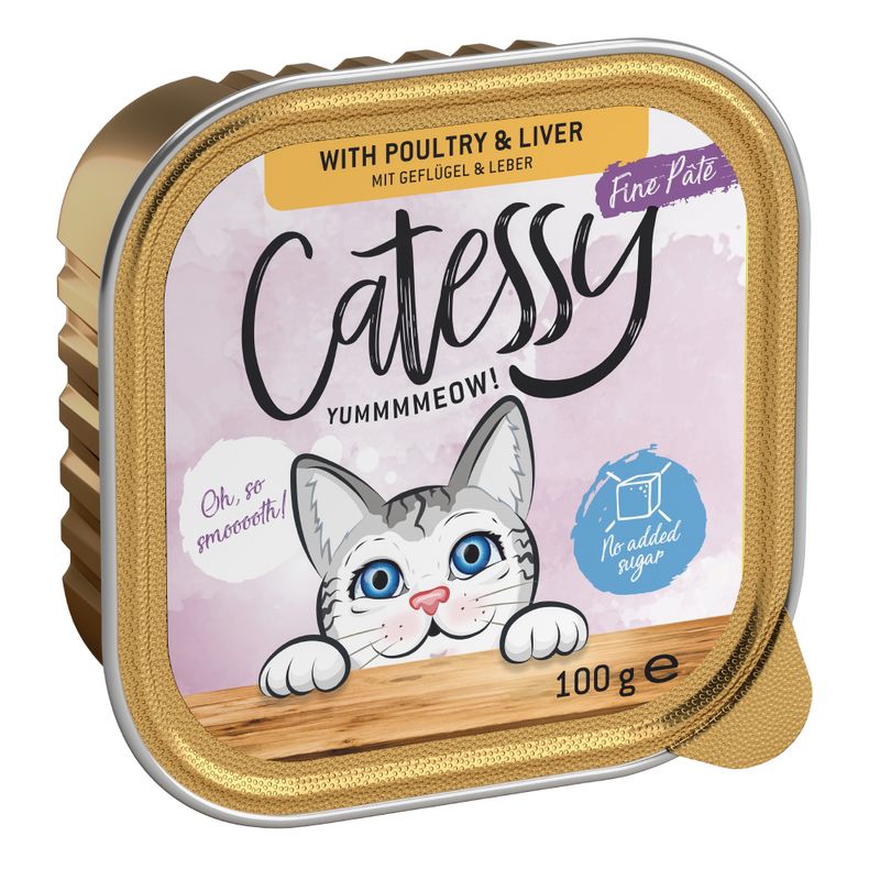 Fine pâté with poultry and liver, 100g, no added sugar, smooth texture, as shown on packaging.