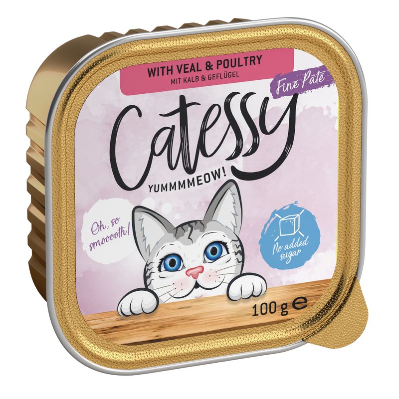 Catessy Fine Paté with veal & poultry, 100g. No added sugar. Illustration of a cat with blue eyes and text 'Oh, so smooth!' and 'Yummmmeow!'.