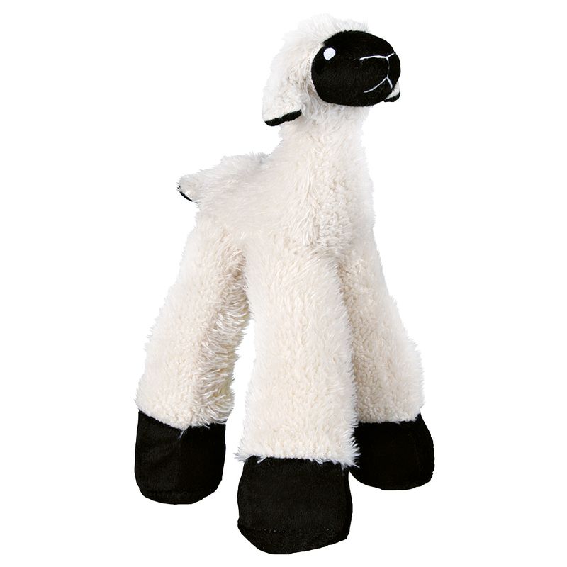 Plush toy in the shape of a white sheep with black legs and head, suitable for pets.