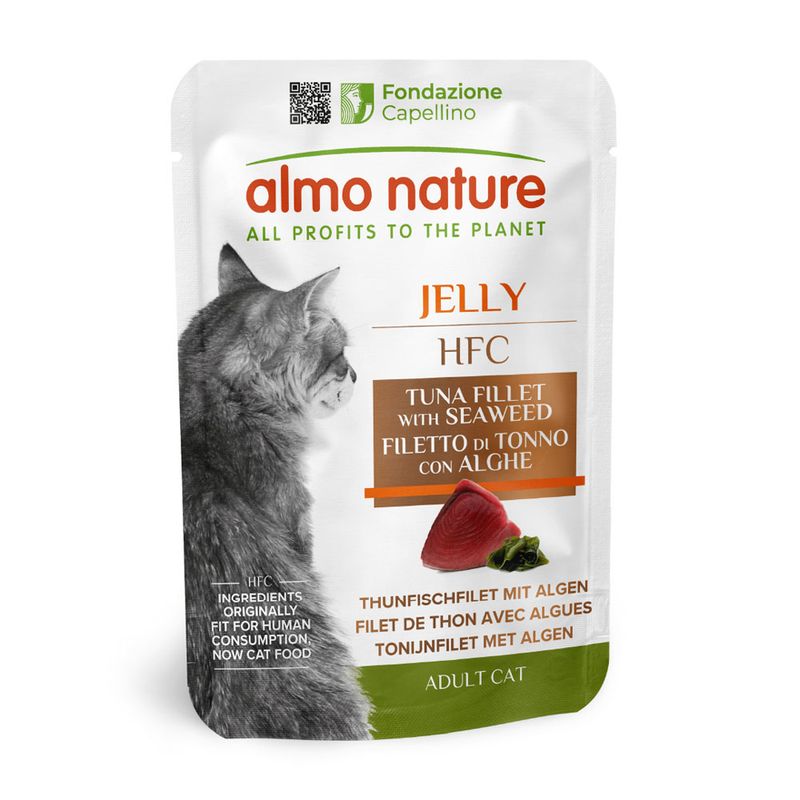 Almo Nature Jelly HFC tuna fillet with algae. Ingredients originally fit for human consumption, now cat food. For adult cats.