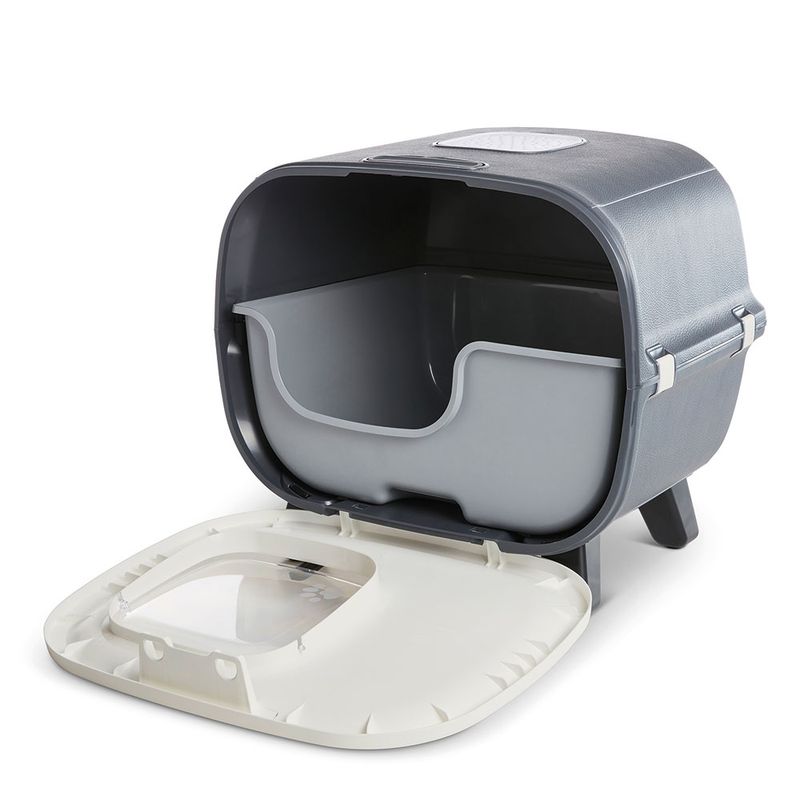Grey cat litter box with removable inner tray and white flap, open for easy cleaning.