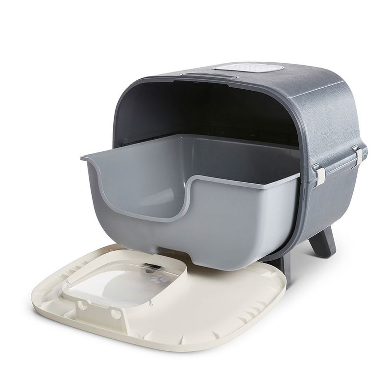 Grey cat litter box with pull-out tray and white lid, suitable for easy cleaning.