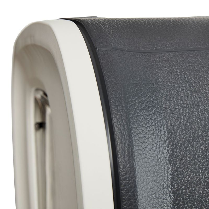 Close-up of a product with a grey textured surface and white frame. Material details visible.