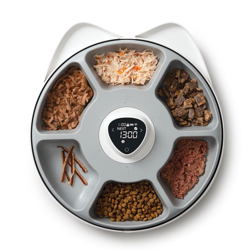 Automatic feeder with six compartments for different types of food and digital display with clock. Next compartment opens at 13:00.