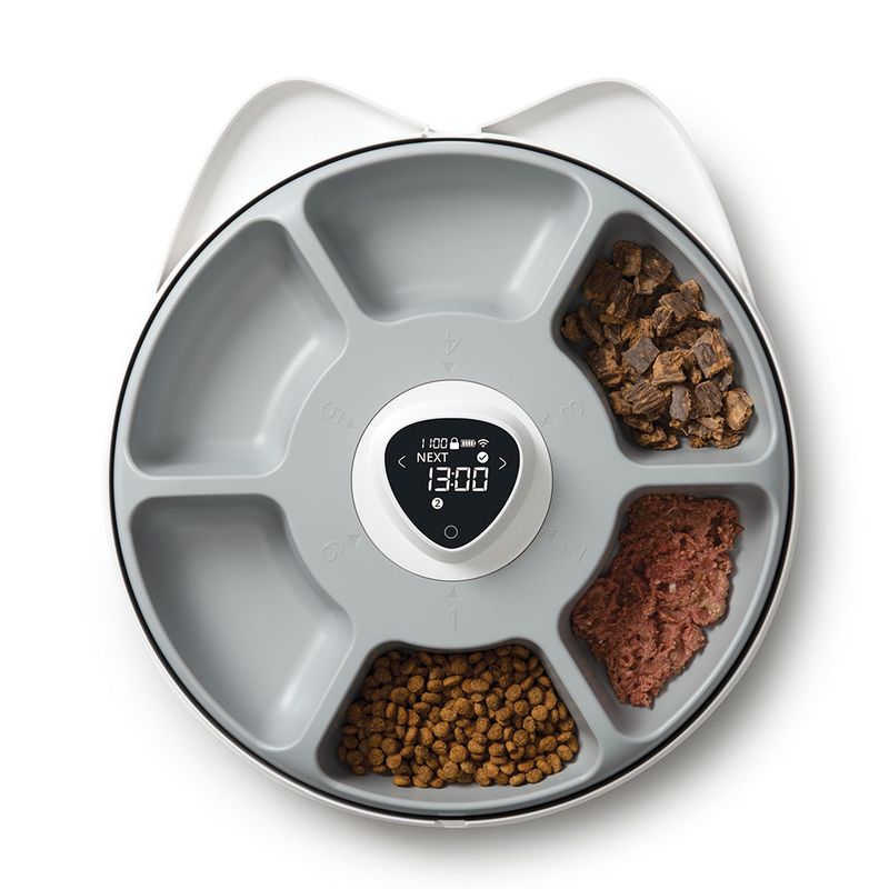 Automatic feeder with five compartments for dry and wet food, digital display shows next feeding time: 13:00.