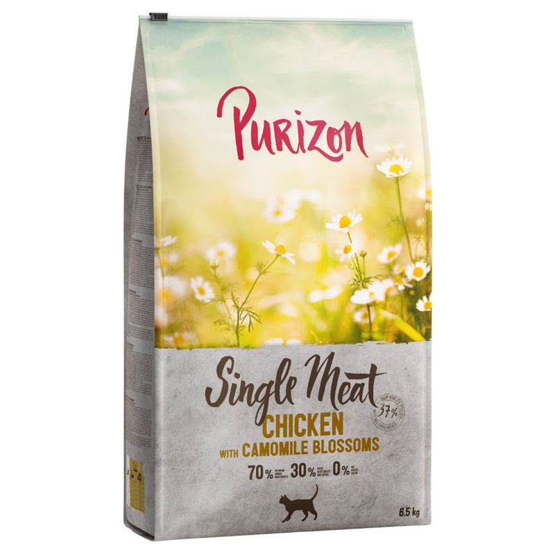 Purizon Single Meat Chicken with chamomile flowers, 70% meat, 30% vegetables, 0% grain, 6.5 kg. Packaging shows chamomile flowers and cat symbol.