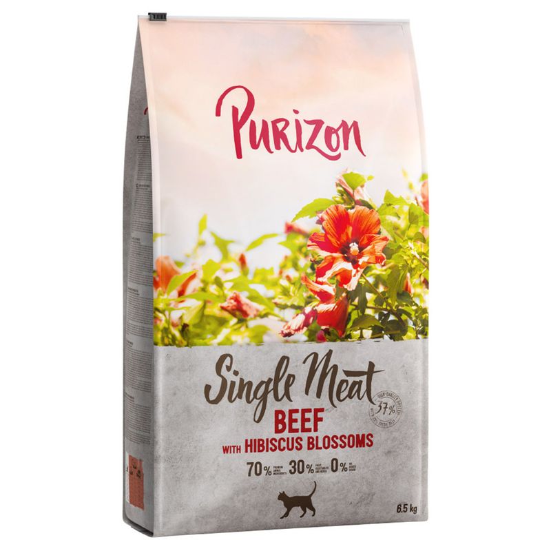 Purizon Single Meat Beef with hibiscus flowers, 70% meat, 30% vegetables, 0% grain, 6.5 kg. Packaging shows red hibiscus flowers and cat symbol.