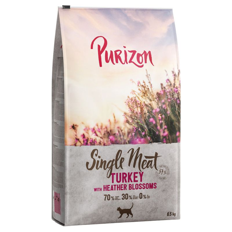 Purizon Single Meat Turkey with heather blossoms, 70% meat, 30% vegetables, 0% grain. Cat food, 6.5 kg pack.