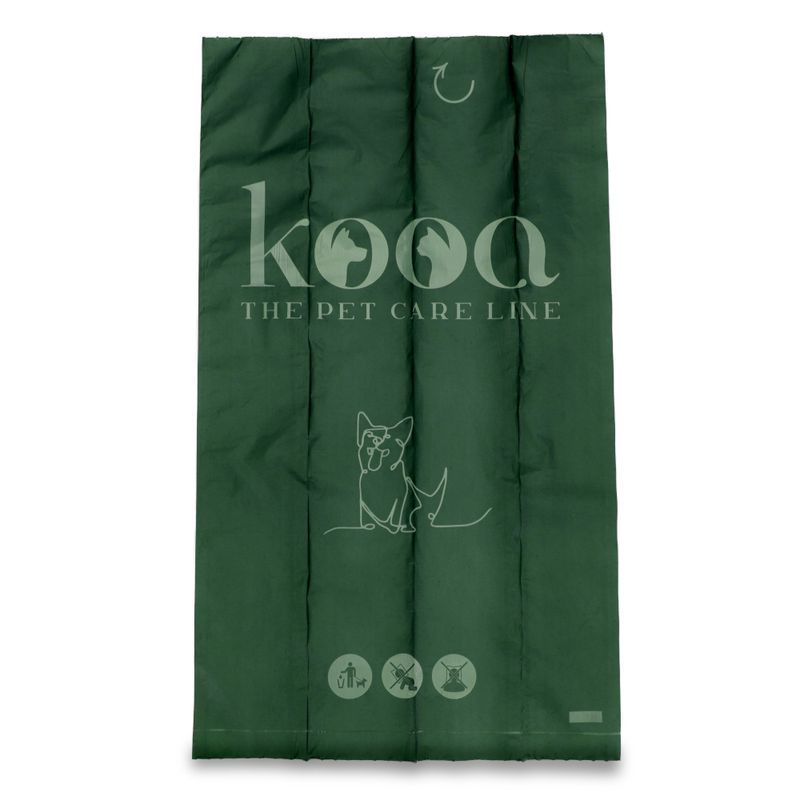 kooa. The Pet Care Line. Green pouch with dog graphic and symbols for eco-friendly, no animal testing, and recyclable.