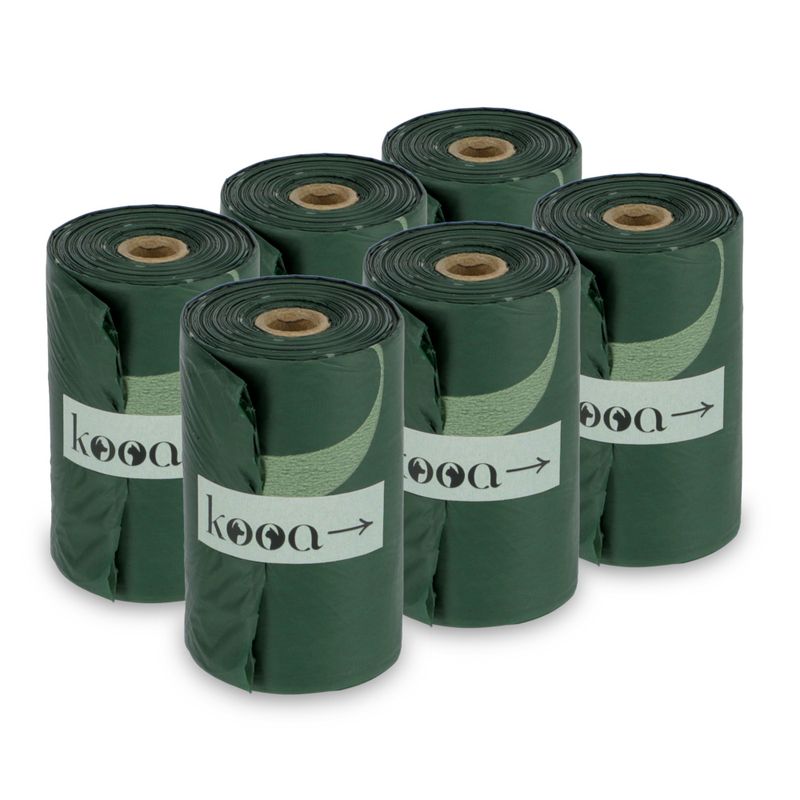 Six green rolls with kooa logo, likely dog waste bags.