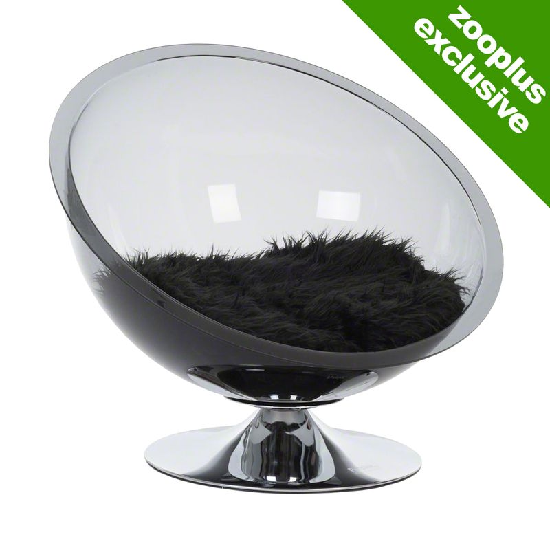 Modern round pet bed with transparent bowl design, chrome pedestal base and black furry cushion. Green corner label reads ''.