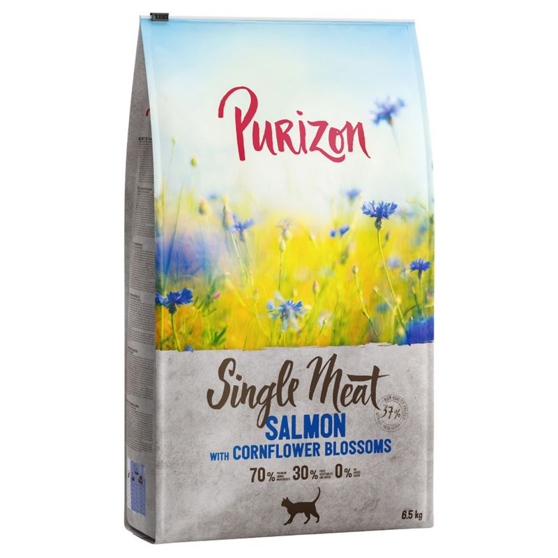 Purizon Single Meat dry food for cats, salmon with cornflowers variety, 70% meat, 30% vegetables, 0% grain, pack size 6.5 kg.