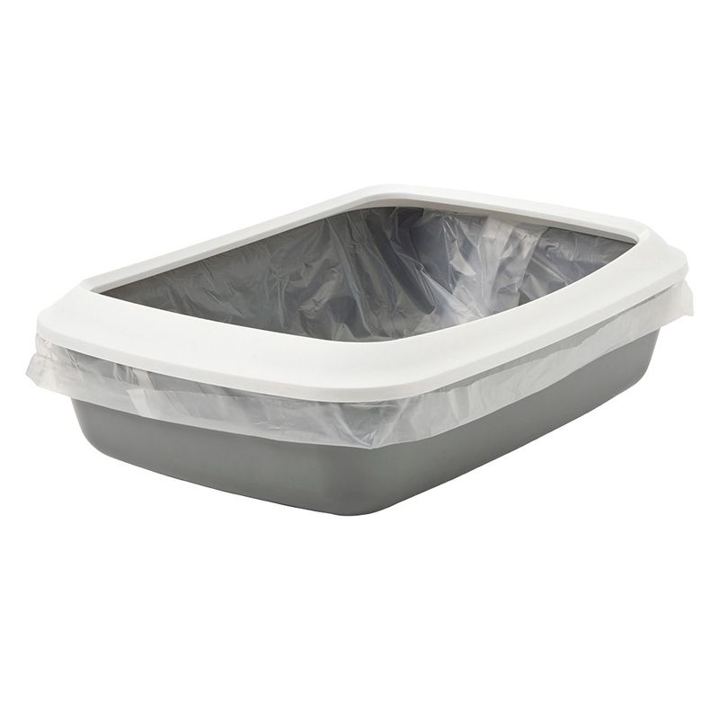 Grey cat litter tray with white rim and inserted transparent waste bag.