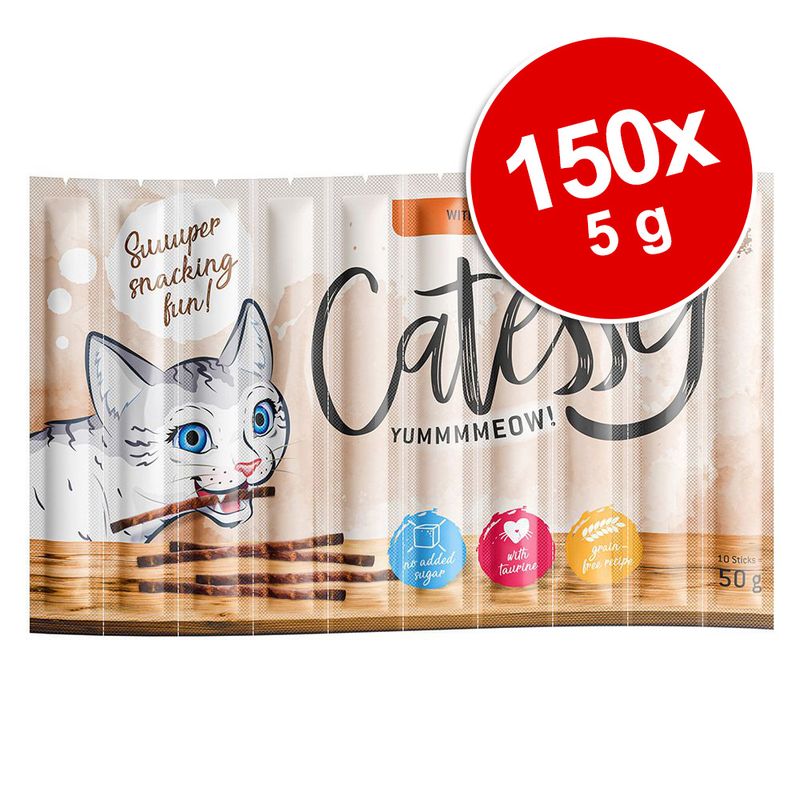 Catessy Yummmmeow! snack sticks, 150x5g, no added sugar, with taurine, suitable for cats. Packaging shows a cat and product information.