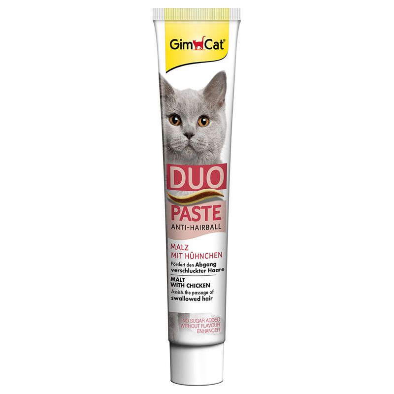 GimCat Duo Paste Anti-Hairball, malt with chicken, supports the removal of swallowed hair, no added sugar and no flavour enhancers.