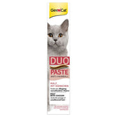 GimCat Duo Paste Anti-Hairball, malt with chicken. Supports removal of swallowed hair. No added sugar and no flavour enhancers.