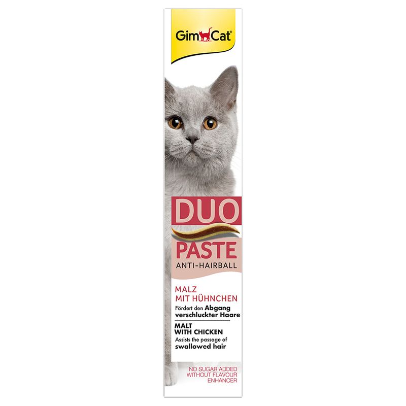 GimCat Duo Paste Anti-Hairball, malt with chicken. Supports removal of swallowed hair. No added sugar and no flavour enhancers.