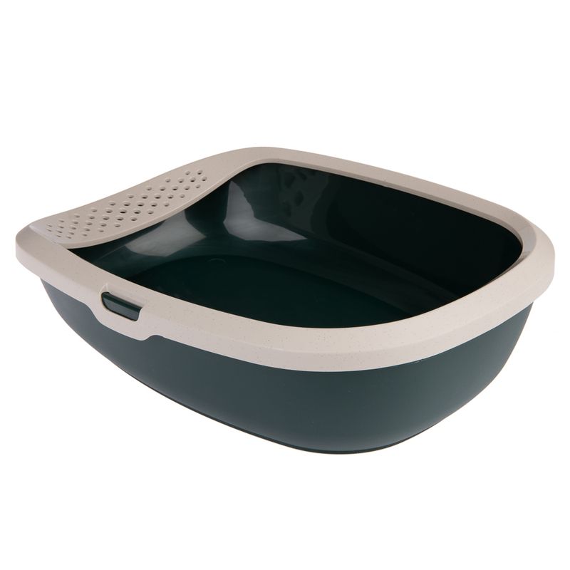 Open cat litter tray with dark green base and beige rim, integrated litter protection function on the rim.