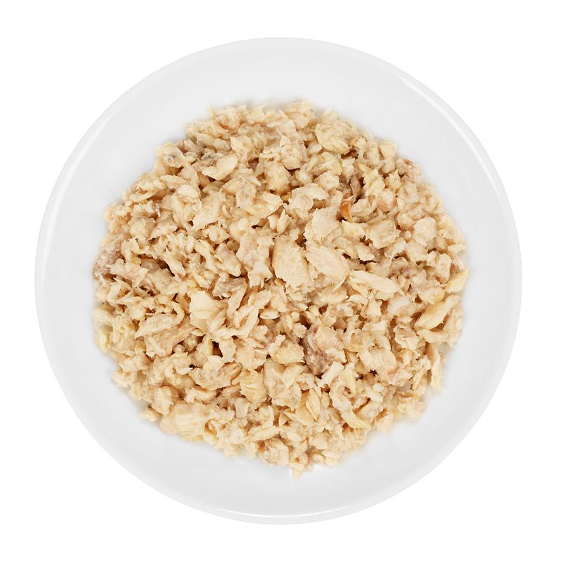 Plate showing shredded, light-coloured wet food pieces, presented to display product texture and consistency for assessment before purchase.