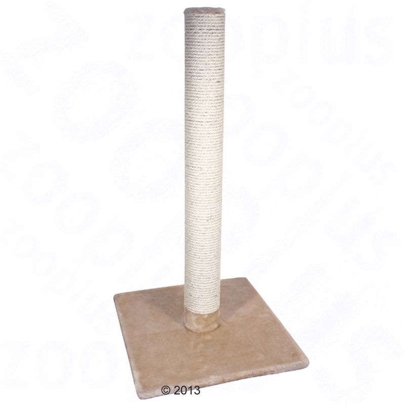 Cat tree with beige base and sisal-wrapped scratching post, suitable for cats to scratch and play.