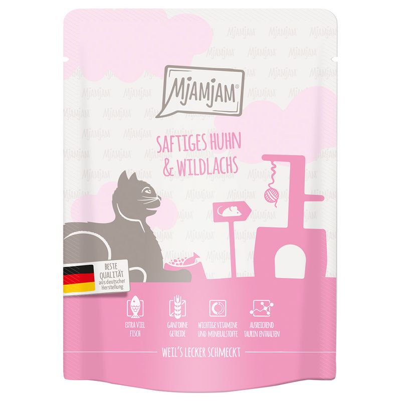 Mjamjam Juicy Chicken & Wild Salmon. Top quality from German production, extra fish, grain-free, valuable vitamins and minerals, contains sufficient taurine.