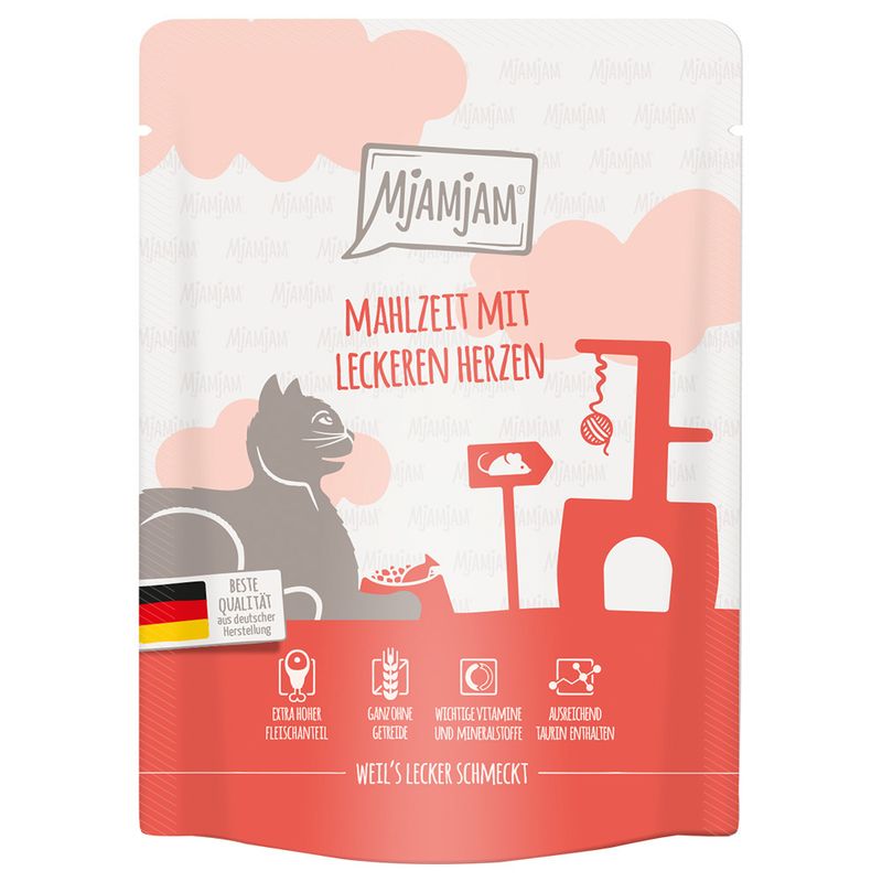 Mjamjam meal with tasty hearts. Top quality from German production. Extra high meat content, grain-free, important vitamins and minerals, sufficient taurine included.