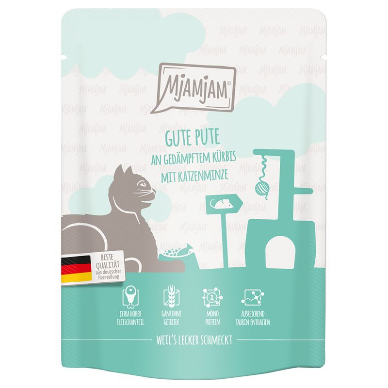 Mjamjam Good Turkey with steamed pumpkin and catnip. Top quality from German production. Extra high meat content, grain-free, single protein, sufficient taurine included.