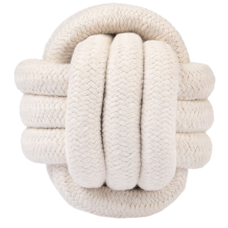 Beige knot made of braided cotton rope, suitable as toy or accessory.
