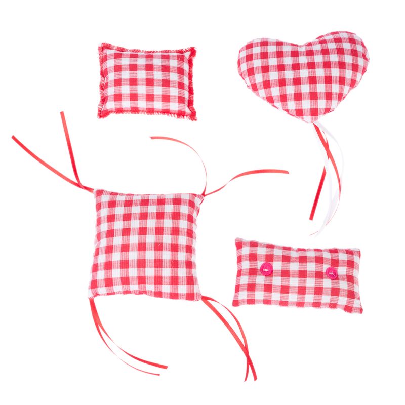 Four red and white checked fabric toys in various shapes: heart, rectangle and square, with red ribbons and buttons.