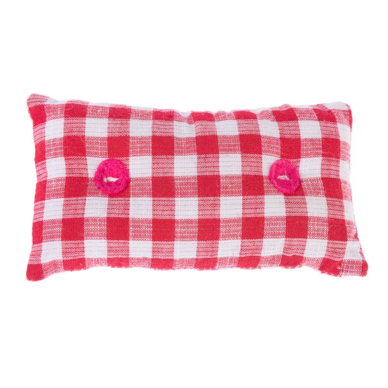 Red and white chequered cushion with two pink buttons, rectangular shape.