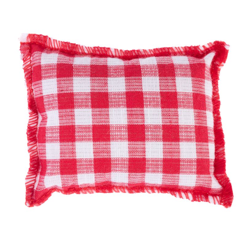 Red and white cushion with check pattern and fringes on the edges.