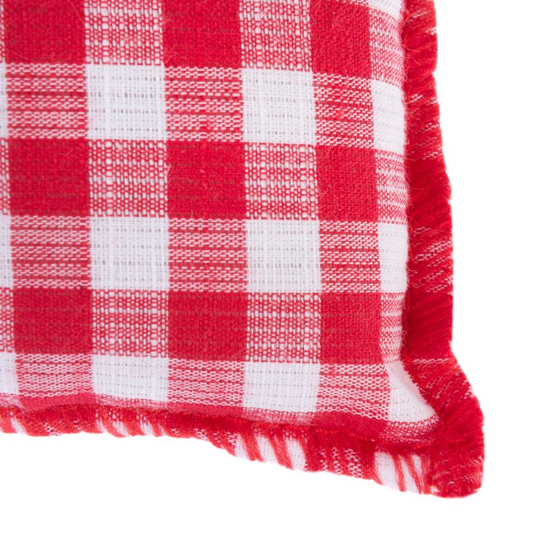 Red and white cushion with checked pattern and fringes on the edges.