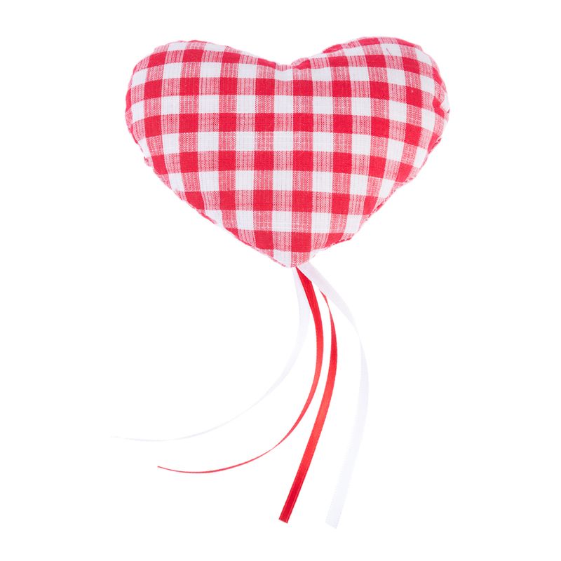 Heart-shaped fabric toy with red and white check pattern and red and white ribbons.